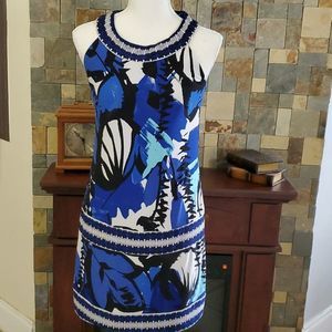 INC Blue Black Retro 90s Abstract Print Sleeveless Shift Stretchy Mini Dress S